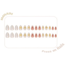 IMRAIN 3D Flower Press on Nails Medium Almond Fake Nails French Tip Yellow Ombre False Nails Full Cover Glue Stick on Nails Glossy Acrylic Artificial Nails for Women 24Pcs