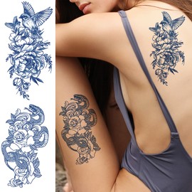 Aresvns Temporary Tattoo for Women, Semi-Permanent Tattoos Waterproof Long-Lasting 2 Weeks, Dark Blue Realistic Flower Fake Tattoos Christmas Gift