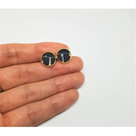 Stud Earrings Gold Round 8 mm Cork Black with Gold Inserts – Vegan Handmade Made in