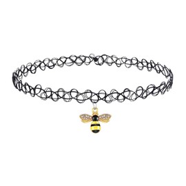 BodyJ4You 2PC Tattoo Choker Necklace - 90s Choker Necklace Women - 2000s Y2K Black Chokers - Sparkling Crystals Bee Charm Pendant - Vintage Emo Stretchy Elastic Necklace