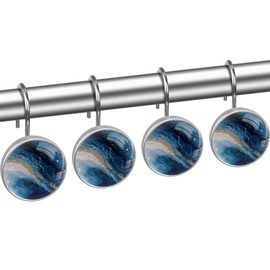 Starry Sky Blue Marble Shower Curtain Hooks Rings, Round 12 Pcs Resin Glass Shower Curtain Hangers for Bathroom, Rust Proof Stainless Steel Shower Hooks for Shower Curtain Rod