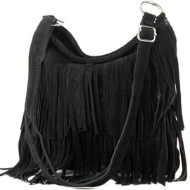 modamoda.de T125 Italian Shoulder Bag, Fringed, Suede - black, size: m