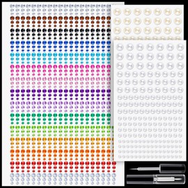 1294 Pcs Rhinestone and Pearl Stickers 3-8mm Clear&Colorful Gems+Beige Pearls Adhesive Face Gems Stick on Body Crystal Jewels with Makeup Glue for Face Eye Hair Nails Makeup and Craft Decorations
