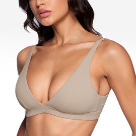 INGIA Womens Deep V-Neck Sports Bra Padded Low Impact Fitness Yoga Bra U Back Wireless Workout Bra Contour Crop Top Sand Medium