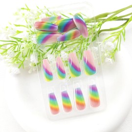 Medium Press on Nails Coffin Color False Nails with White Lines Gradient Design Pink Fake Nails Medium Coffin Nails Press ons Glossy Acrylic Glue on Nails for Girls and Women 24Pcs