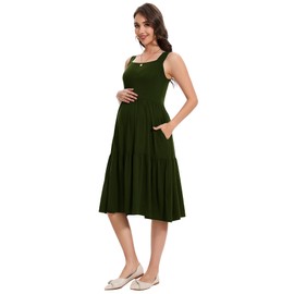 Smallshow Women's Maternity Tank Dress Sleeveless Ruffle Pregnancy Clothes,Army Green,M