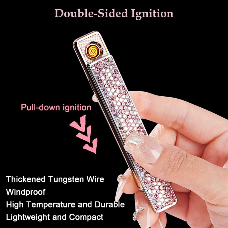 Electric Lighter, Luxury Bling Rhinestone Type-C Rechargeable Lighter with Pull-Out
