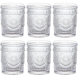 MDLUU 6-Pack Embossed Drinking Glasses, Romantic Glassware, Vintage Glass Tumblers for Juice, Beverages, Cocktail, Capacity 9oz/265ml