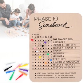 HNWZD Phase 10 Score Board, 2025 New Wooden Phase 10 Scoreboard and Round Tracker with 8 Colored Pegs, Phase 10 Score Sheets, Board Card Games for Party Family Adults