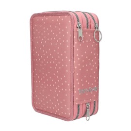 Depesche TOPModel Juicy 13323 Filled 3-Compartment Pencil Case in Dusky Pink, with Dots Pattern, Monkey Appliqué and Fruit, Pencil Case with Coloured Pencils, Scissors, Ruler and More