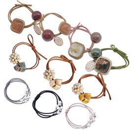 Hair Elastic 10 Piece Set, Pearl Beads, Adults, Scrunchie, Hair Accessory, Elegant, Casual, Office, Hair Clip, Fashionable Spring, Summer, Autumn (Aset)