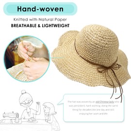 Women's Foldable Straw Sun Hat Wide Brim UPF 50+ Crochet Summer Floppy Beach Hat, Beige, One Size