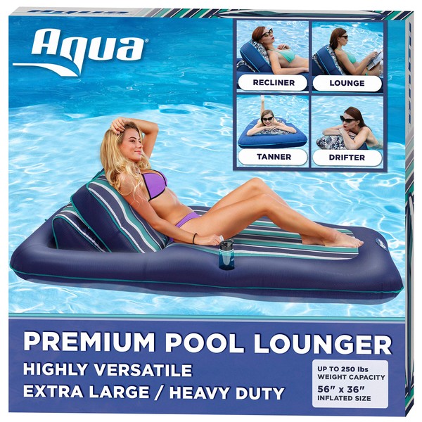 Aqua Premium Convertible Pool Lounger, Inflatable Pool Float, Heavy Duty, X-Large, 74” – 90”, Navy/Green/White Stripe