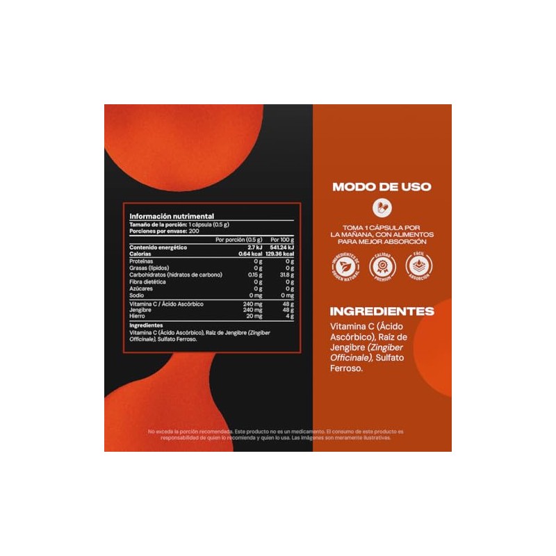 Vital Botanics Hierro Suplemento Vitamina Jengibre 500 Por Porción 200