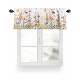 Spring Floral Valances for Windows, Colorful Butterfly Flowers Rod Pocket Kitchen Window Curtain Valance, Garden Plants Window Treatment Valance Curtains for Kitchen Living Room Bathroom, 54"x18"