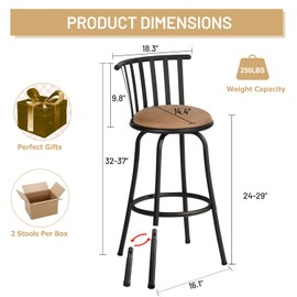 FurnitureR Kitchen Counter Barstools, Swivel Kitchen Counter-Height Stool with Backs and Footrest, Adjustable Bar Stools with Interchangeable Legs Armless, Set of 4, 24/29 Inch, Brown