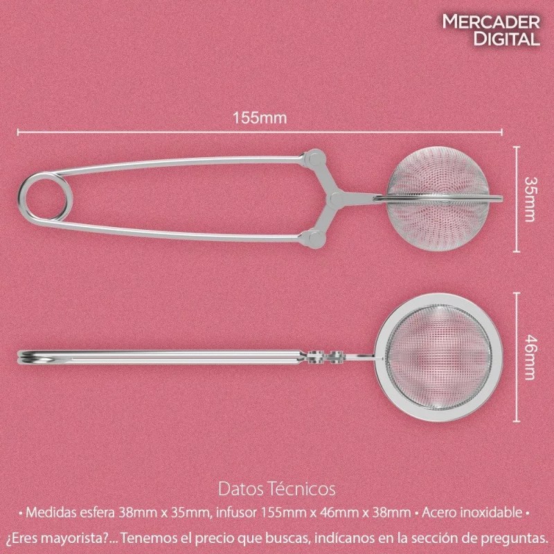 Mercader Digital 2 Pzs Infusor Té Pinza Bola Filtro Malla