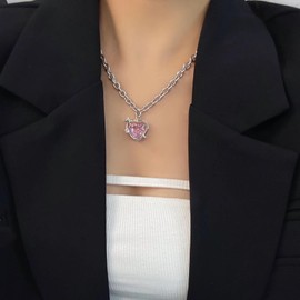 Cimenexe Bohemian Crystal Heart Star Choker Necklace Silver Hollow Heart Star Pendant Necklace Pink Cz Heart Collar Necklace Heart Paperclip Link Chain Necklace Jewelry for Women and Girls Gifts