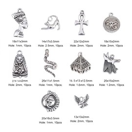 DanLingJewelry 100Pcs 10 Styles Egyptian Theme Antique Sliver Charms Pharaoh Pyramid Ankh Cross Evil Eye Snake Charms for Jewellery Making