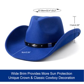 Lanzom Women Men Classic Felt Wide Brim Western Cowboy Cowgirl Hat with Belt Buckle(Royal Blue, Medium)