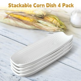 Cinf Ceramic Corn Cob Holders 8.8" Corn Dishes Set of 4, White Dishes Non-slip Bottom Microwave Dishwasher Oven Safe