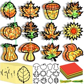 AmazingSpark 36 Set Fall Suncatcher Paper Crafts Kit DIY Autumn Leaf Pumpkin Stained Glass Effect Tissue Paper Hanging Suncatchers Decor for Autumn Thanksgiving Harvest Festival Art Party Supplies