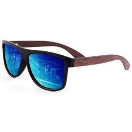 CGID Wooden Polarised Sunglasses Men Women Original UV400 CAT 3 M07, Black frame | blue mirrored lens