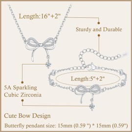 ilasif 2PCS Silver Bow Bracelet Necklace Set for Women Girls, Adjustable Cubic Zirconia Bracelet Necklace, Party Birthday Wedding Christmas Jewellery Gifts for Daughter Sister Friends