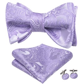Hi-Tie Men's Bow Tie Self Tie Bow Ties Lavender Silk Paisley Wedding Bowties Pocket Square Cufflinks Set for Wedding Tuxedo