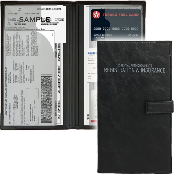 Auto Insurance and Registration Card Holder - Vehicle Glove Box Document Organizer - Car Essential Paperwork Holder for DMV, AAA, Contact Information Cards - Premium PU Leather Wallet Case - Black