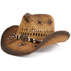 Melesh Straw Cowboy Hat for Women and Men with Shapeable Wide Brim Sun Beach Western Cowgirl Hat, Khaki-paint, One Size