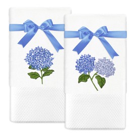 JarThenaAMCS 2Pcs Hydrangea Floral Hand Towels Blue Purple Flower Embroidered Bathroom Towels Dish Towels with Ribbons for Hand Drying Cleaning Cooking, 29.5 x 13.7 Inch