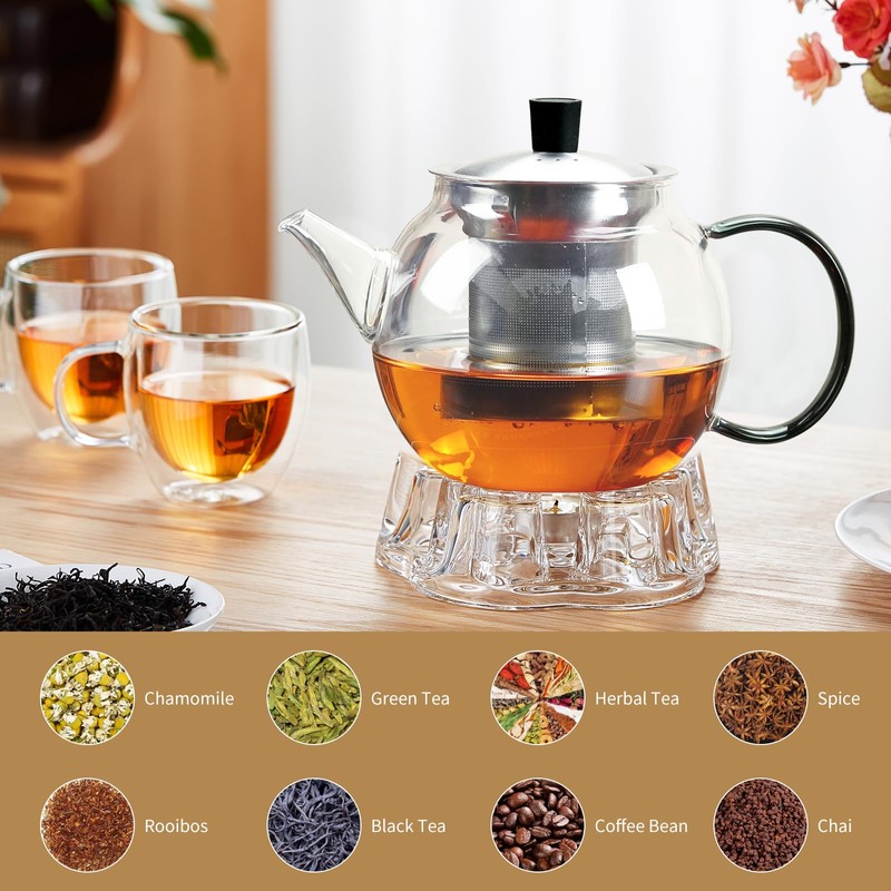 28OZ Glass Teapot with Infuser Stovetop Safe, 800ml Borosilicate Glass