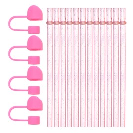 12 Straws, 1 Brush, 4 Pink Straw Caps, Reusable, Cute Pink Straws, Long Straws, Plastic Straws