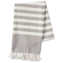 E-Living Store 100% Cotton, Soft & Absorbent Decorative Turkish Fouta Towel with Twisted Fringe for Home, Beach, Pool, or Décor, Use As Blanket or Throw - Grey Stripe
