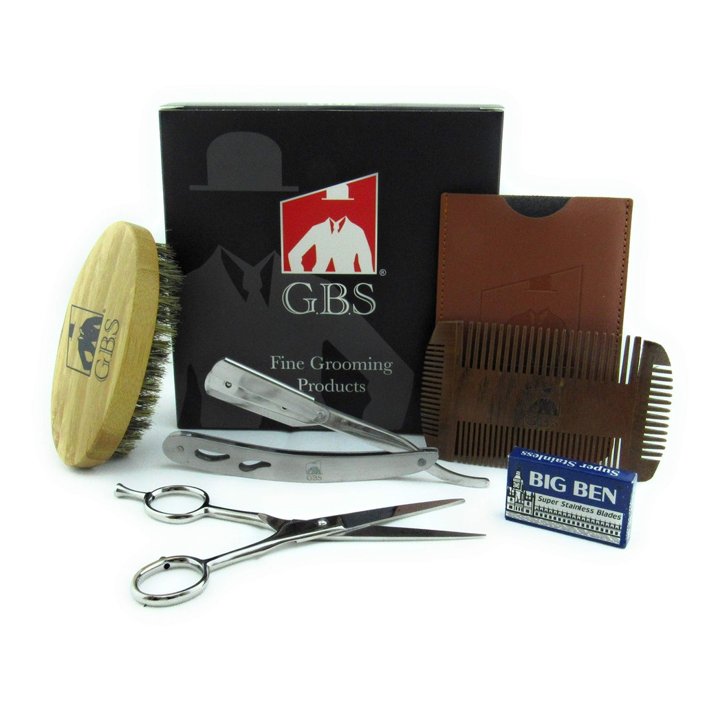 GBS Mens Beard Kit - - Anti Static Sandalwood Beard & Shaping Tool, Heavy Duty Stainless Shavette, Natural Boar Bristle Beard Brush Oval Bamboo Handle, Professional Barber Scissors, and Blades!