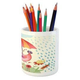 Ambesonne Love Pencil Pen Holder, Birds in the Rain with an Umbrella Colorful Valentine's Day Romantic Illustration, Printed Ceramic Pencil Pen Holder for Desk Office Accessory, Multicolor