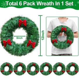 6 Pack Christmas Wreaths for Windows, 12 Inch Small Christmas Wreath Outdoor Artificial Christmas Wreath Thick Christmas Door Wreath with Red Bows Xmas Christmas Decorations for Front Door Home Wall
