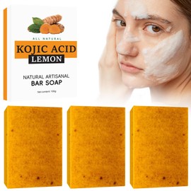 Asheyya 3 Pcs Kojic Acid Soap, Handmade Organic Lemon Turmeric Soap for Acne Dark Spots and Smooth Skin