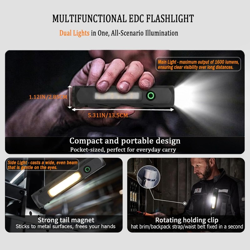 EDC Rechargeable Flashlight, 1400 High Lumens LED Flashlight with Magnetic