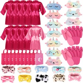 Bonuci 50 Pcs Spa Party Supplies for Girls, 10 Satin Robe 10 Kids Slippers Sleepover Birthday Spa Party Favors (9 Rose Red, 1 Pink)