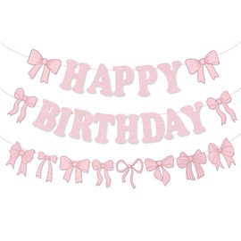 Kinretixia 3 Pieces Pink Bow Birthday Decorations Glitter Happy Birthday Banner Bow Garland Party Decorations for Girls Women Birthday Party