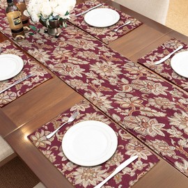 Loom and Mill Luxury Jacquard Placemats Set of 4, Elegant Floral Pattern Non-Slip Table Place Mats for Home Kitchen Party Banquet Decor, Durable & Washable Dining Table Mats(Burgundy, 12x18in)