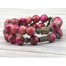 Boho Gipsy multi-strand woman's bracelet in natural white jade tinged in red