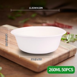 BOKFJBP 100 Stück Weiß Einwegschalen Zuckerrohr,260ML Suppenschalen Einwegschalen aus Zuckerrohr Einweg Schalen für Einwegsuppenschale Einmal Suppenschalen