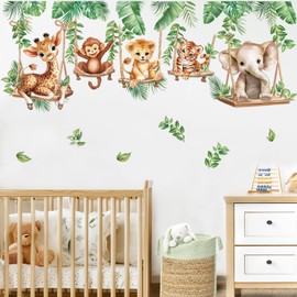wondever Jungle Animal on Swings Wall Stickers Baby Lion Elephant Giraffe Tropical Leaves Peel and Stick Wall Art Decals for Children Nursery Kids Bedroom Living Room