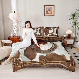 Rustic Horseshoe Comforter Set Queen Size Brown Animals Cowhide Bedding Set 3pcs Western Cowboy Style Quilt Set 3pcs for Kids Boys Men Bedroom Decor Retro Wooden Duvet Insert,2 Pillowcases