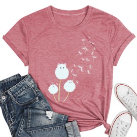Cat Shirts for Women Flower Shirts Womens Dandelion T-Shirt Cute Dandelion Cat Graphic Print TeeTops