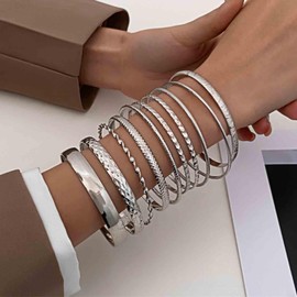 Aneneiceera Punk Bangle Set Gold Tone Chunky Bangle Metal Bangle Multilayer Textured Bangle Chunky Hammered Bangle Wider Jewelry for Women and Girls 10pcs (Gold), Metal