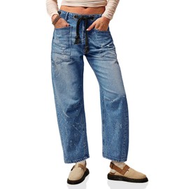 Cicy Bell Womens Baggy Barrel Horseshoe Jeans Wide Leg Drawstring Vintage Denim Pants with Front Pockets Blue